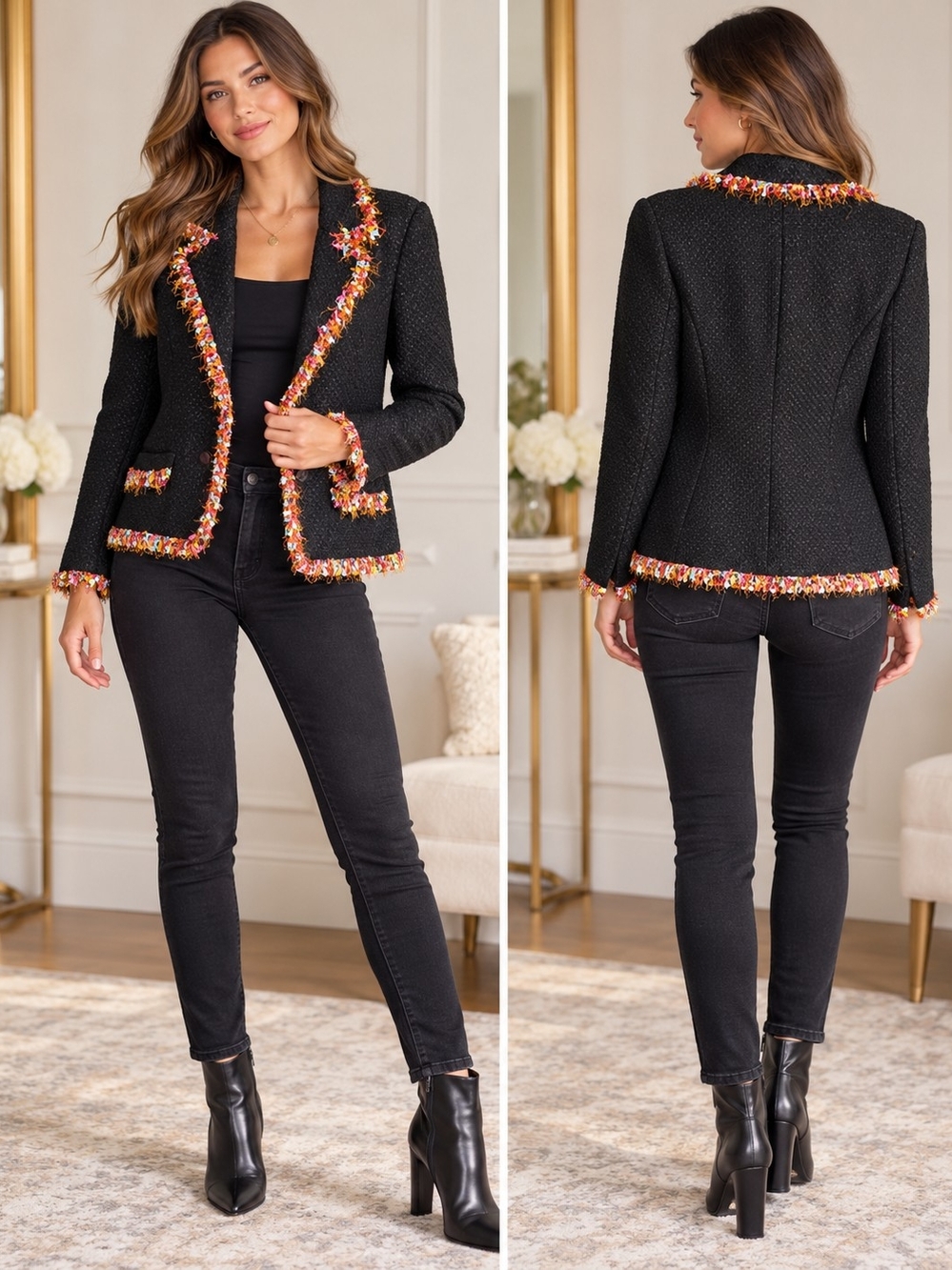Jade Melody Tam Black Textured Knit Blazer Multicolored Fringe Accent Trim 12
